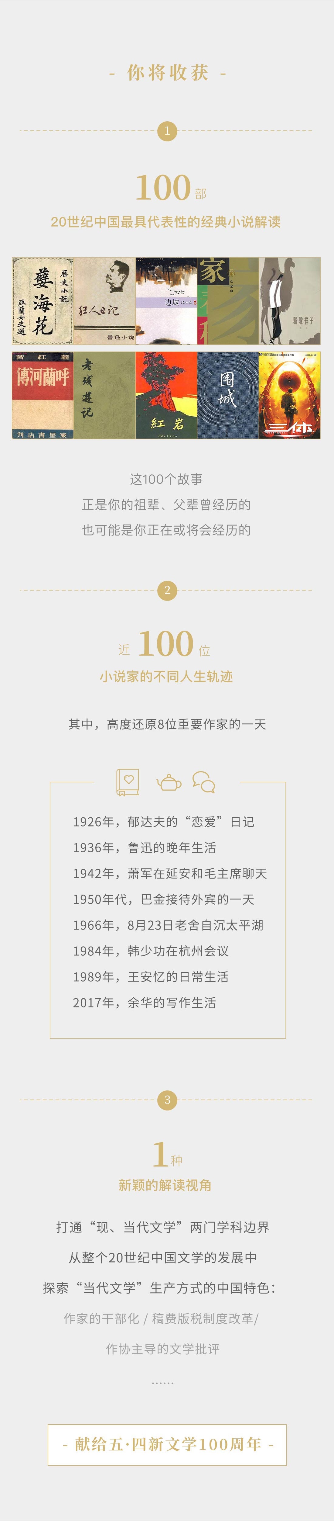 你将收获。1,100部,20世纪中国最具代表性的经典小说解读。《孽海花》《狂人日记》《边城》《家》《骆驼祥子》《呼兰河传》《老残游记》《红岩》《围城》《三体》等小说封面拼贴。这100个故事,正是你的祖辈、父辈曾经历的,也可能是你正在或将会经历的。2,近100位,小说家的不同人生轨迹。其中,高度还原8位重要作家的一天:1926年,郁达夫的“恋爱”日记;1936年,鲁迅的晚年生活;1942年,萧军在延安和毛主席聊天;1950年代,巴金接待外宾的一天;1966年,8月23日老舍自沉太平湖;1984年,韩少功在杭州会议;1989年,王安忆的日常生活;2017年,余华的写作生活。3,1种,新颖的解读视角。打通“现、当代文学”两门学科边界,从整个20世纪中国文学的发展中探索“当代文学”生产方式的中国特色:作家的干部化 / 稿费版税制度改革 / 作协主导的文学批评,……。献给五·四新文学100周年。